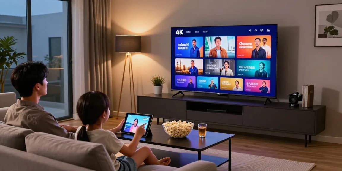 Une famille profitant de l'abonnement Iron tv pro sur un téléviseur 4K, ambiance chaleureuse.