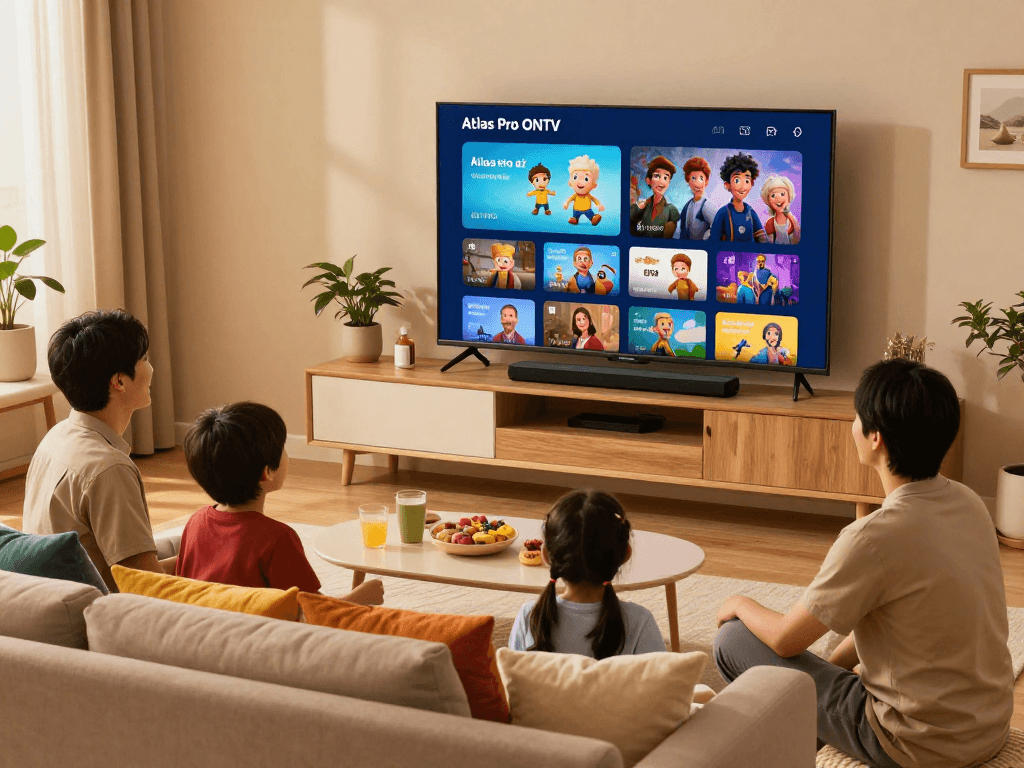 Profitez des 12 000 chaînes avec l'application atlas pro ontv dans un salon familial chaleureux.