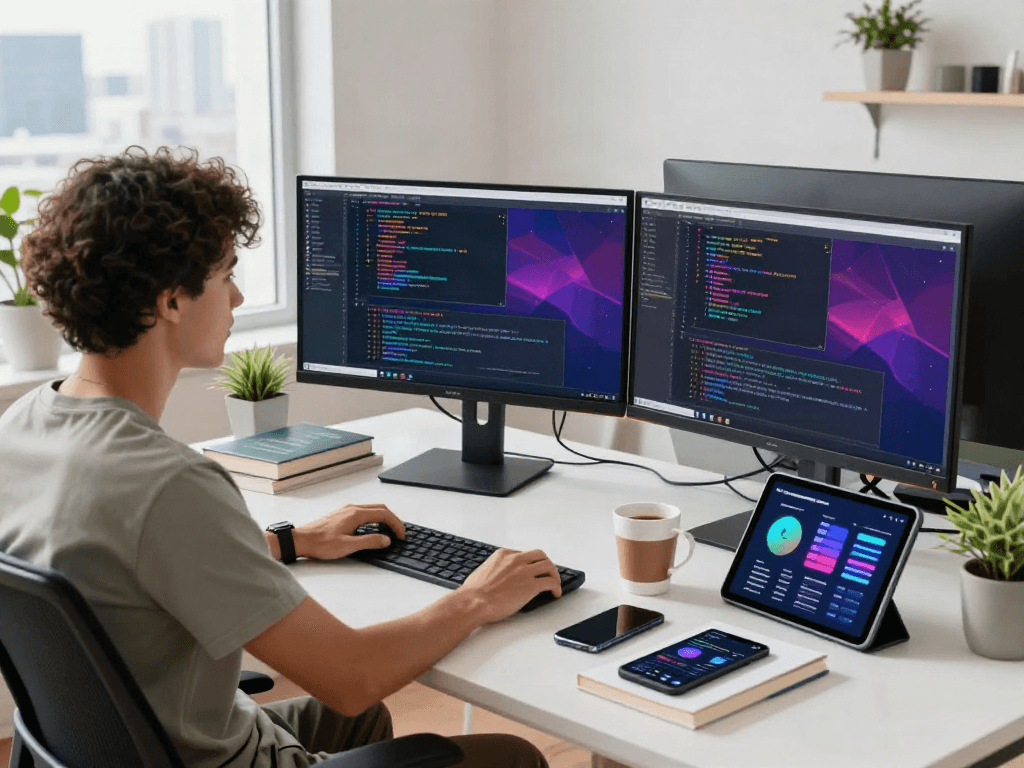 Scène de développement logiciel avec Atlas pro, ingénieur au travail sur plusieurs écrans, café à la main, ambiance moderne et inspirante.