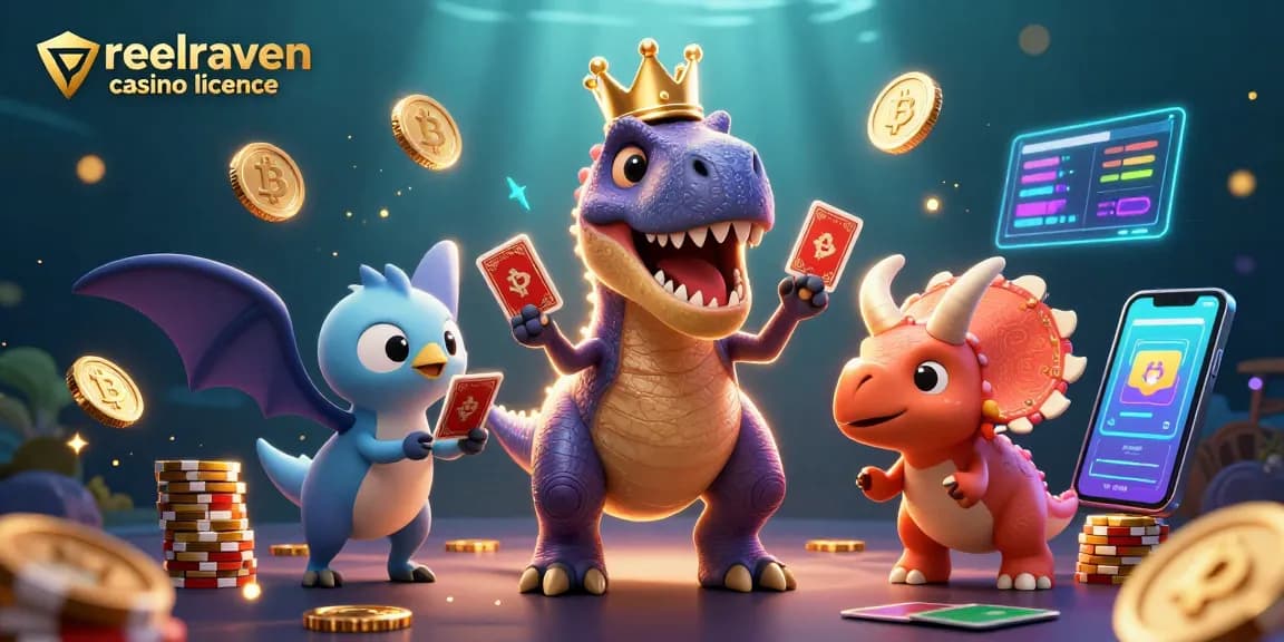Vérifiez la sécurité de votre expérience avec la licence du casino reelraven, T-Rex jouant aux cartes et un triceratops empilant des jetons d'or.