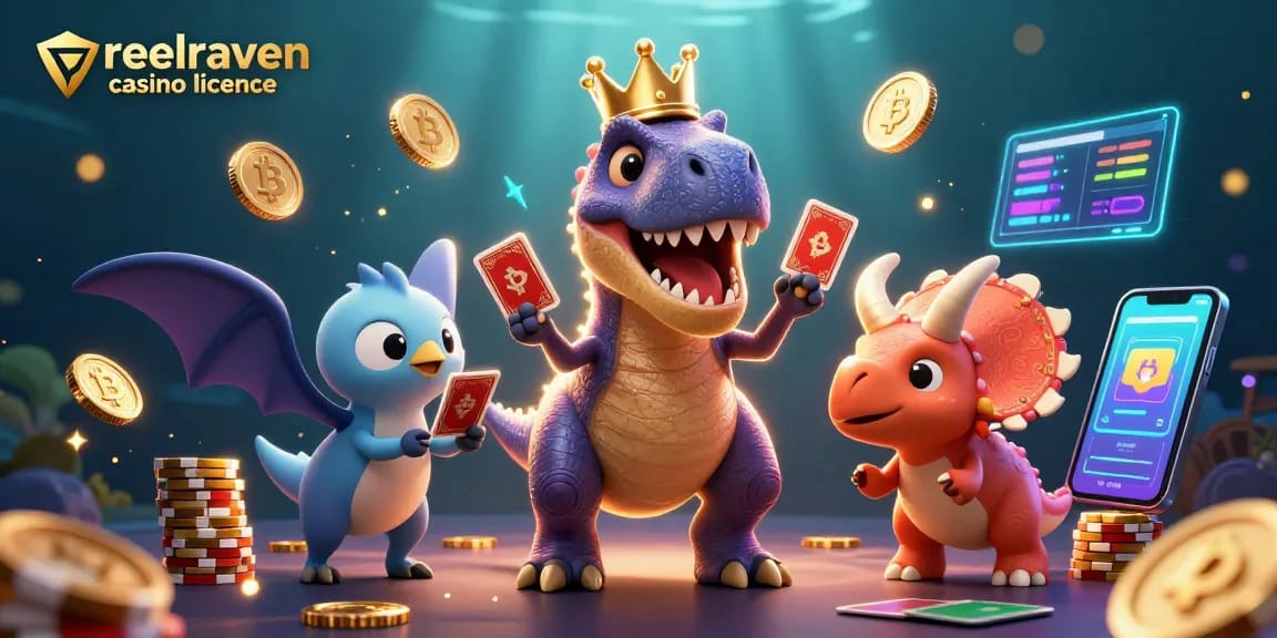 Vérifiez la sécurité de votre expérience avec la licence du casino reelraven, T-Rex jouant aux cartes et un triceratops empilant des jetons d'or.